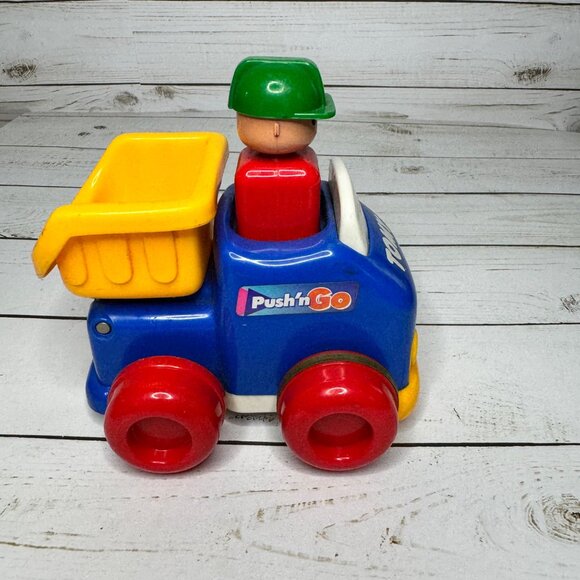 Tomy First Fun Push n Go Toy Dump Truck With Green Hat Driver & Red Wheels 90's - Picture 3 of 6